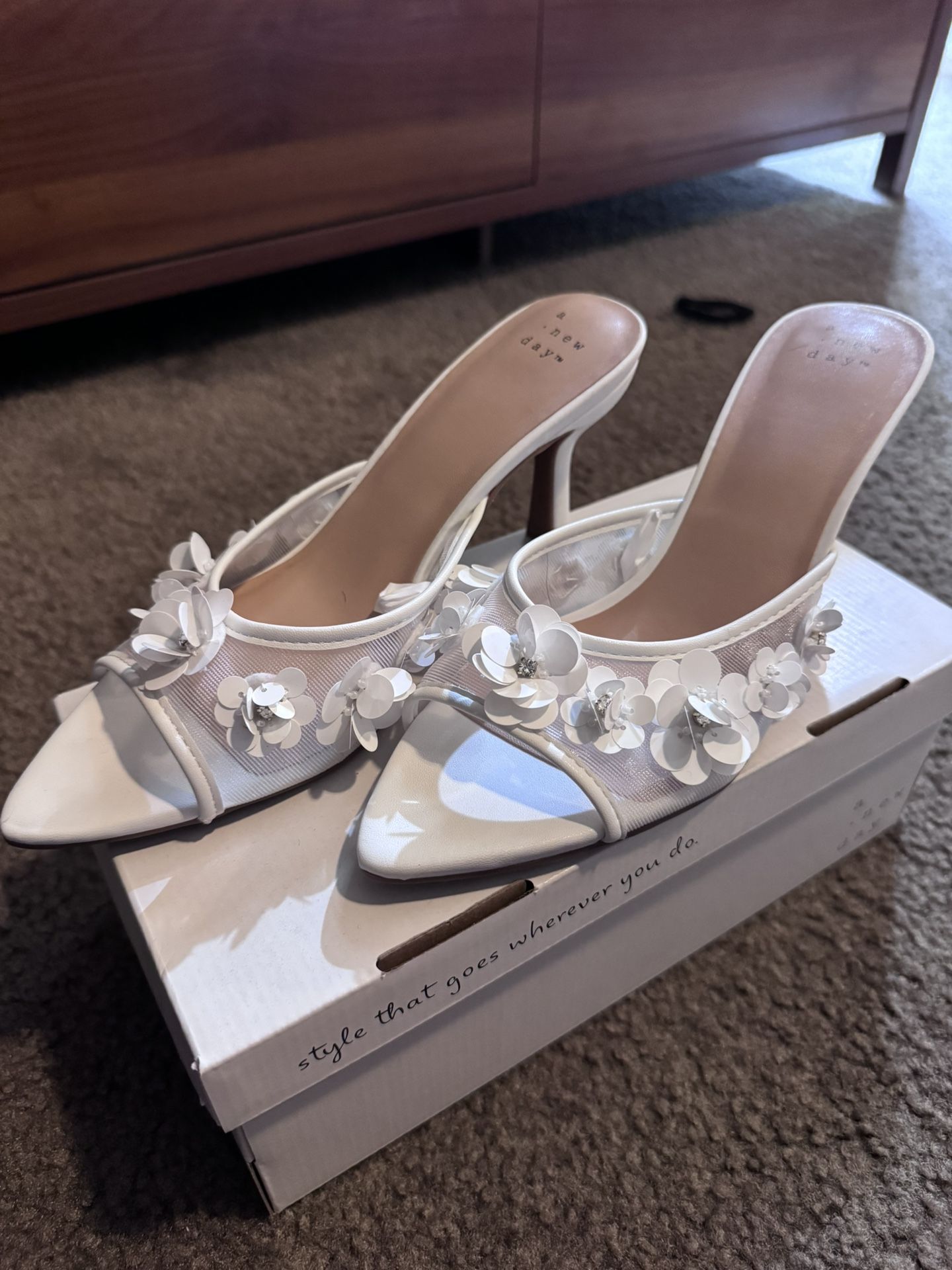 White Floral Kitten Heels