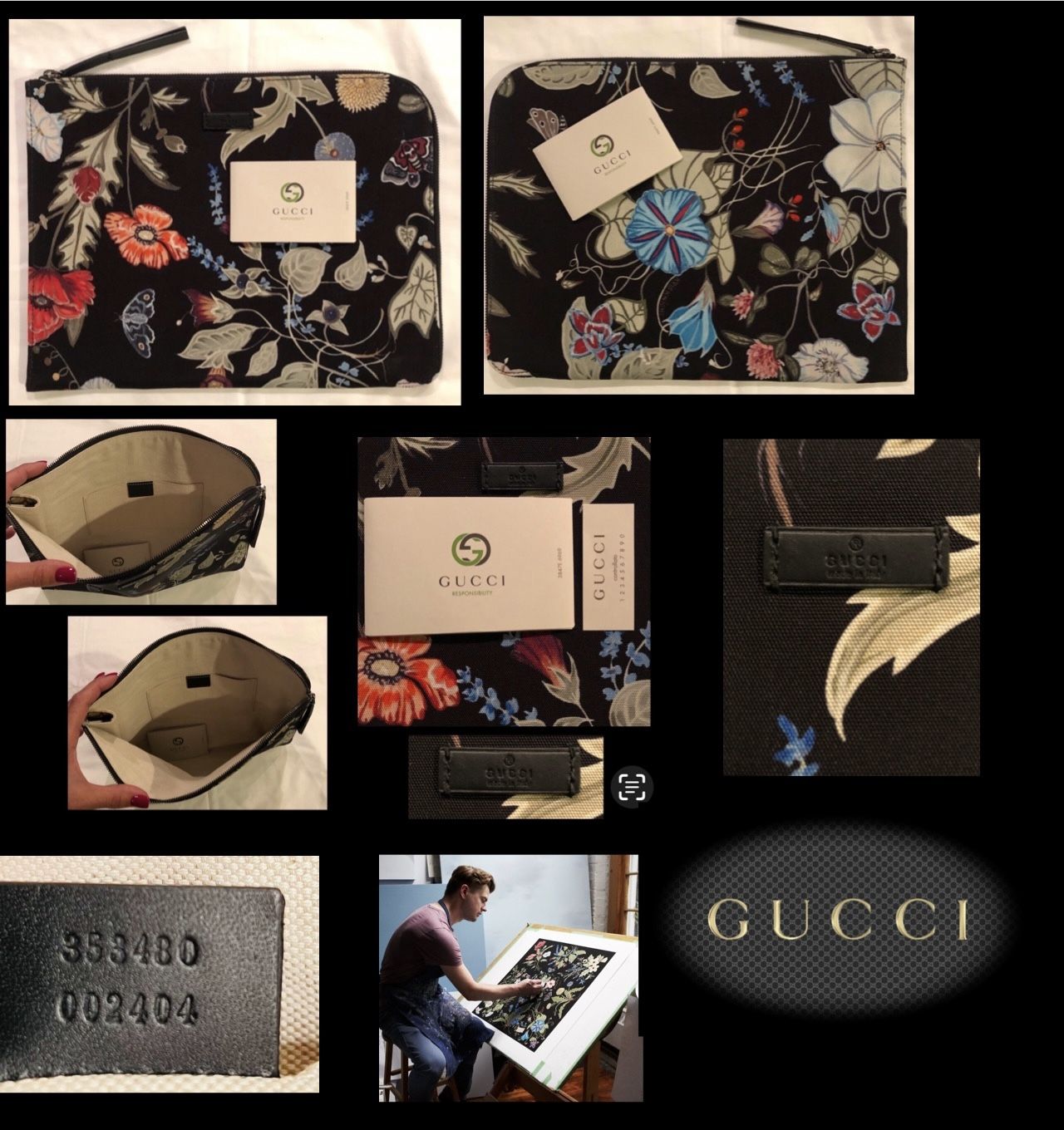 Gucci RARE Kris Knight Black Flora Print Canvas Zip Clutch