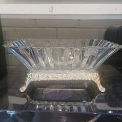 1920s Vintage Art Deco Fluted Glass Dish On Silver Stand