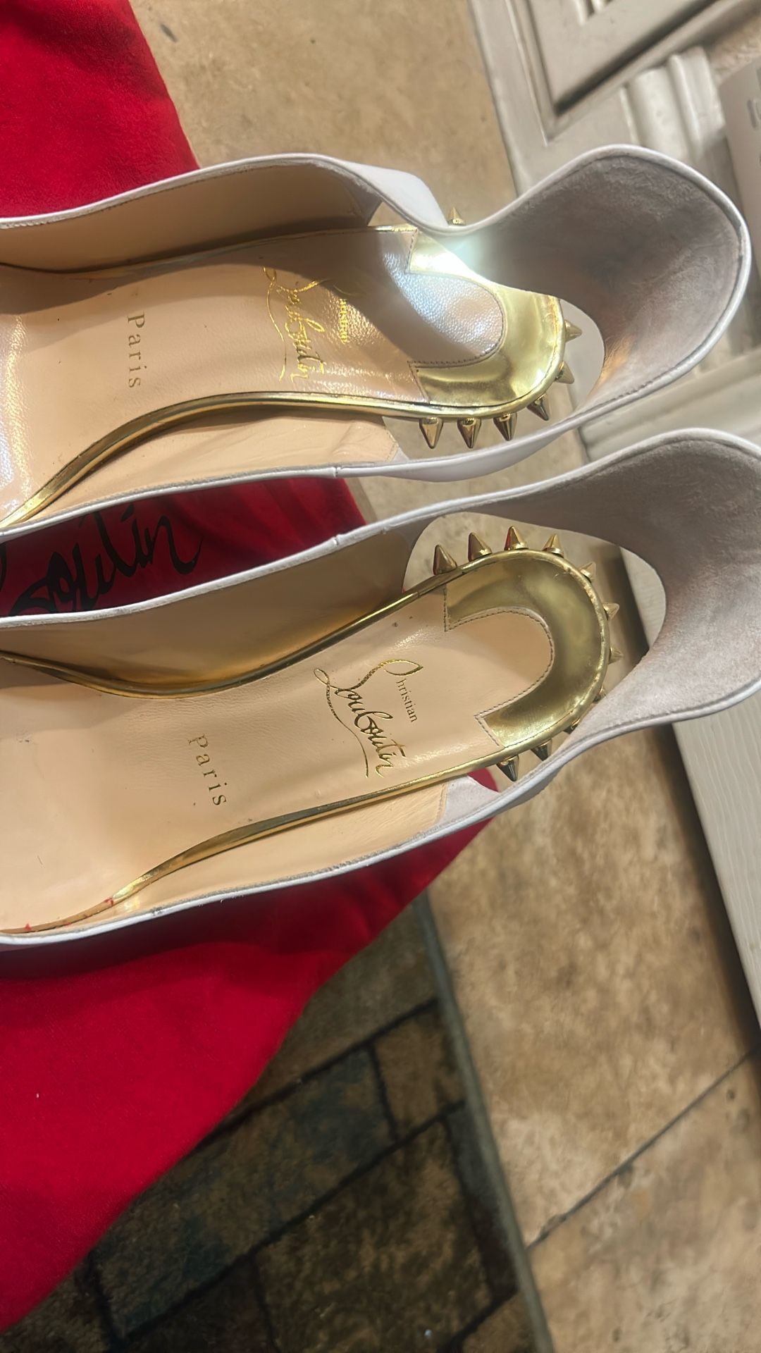 White Mid Heel Gold Spike Sling Back Christian Louboutin