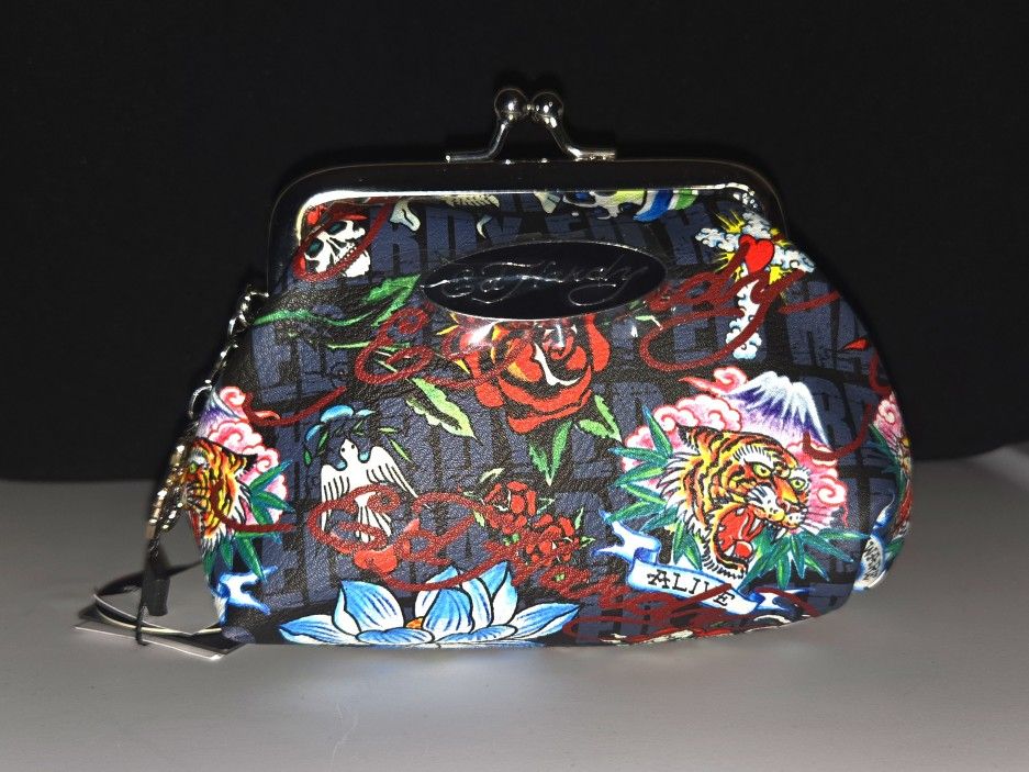 Ed Hardy colorful kiss lock coin crossbody bag with Chain Skulls, Tiger Charm