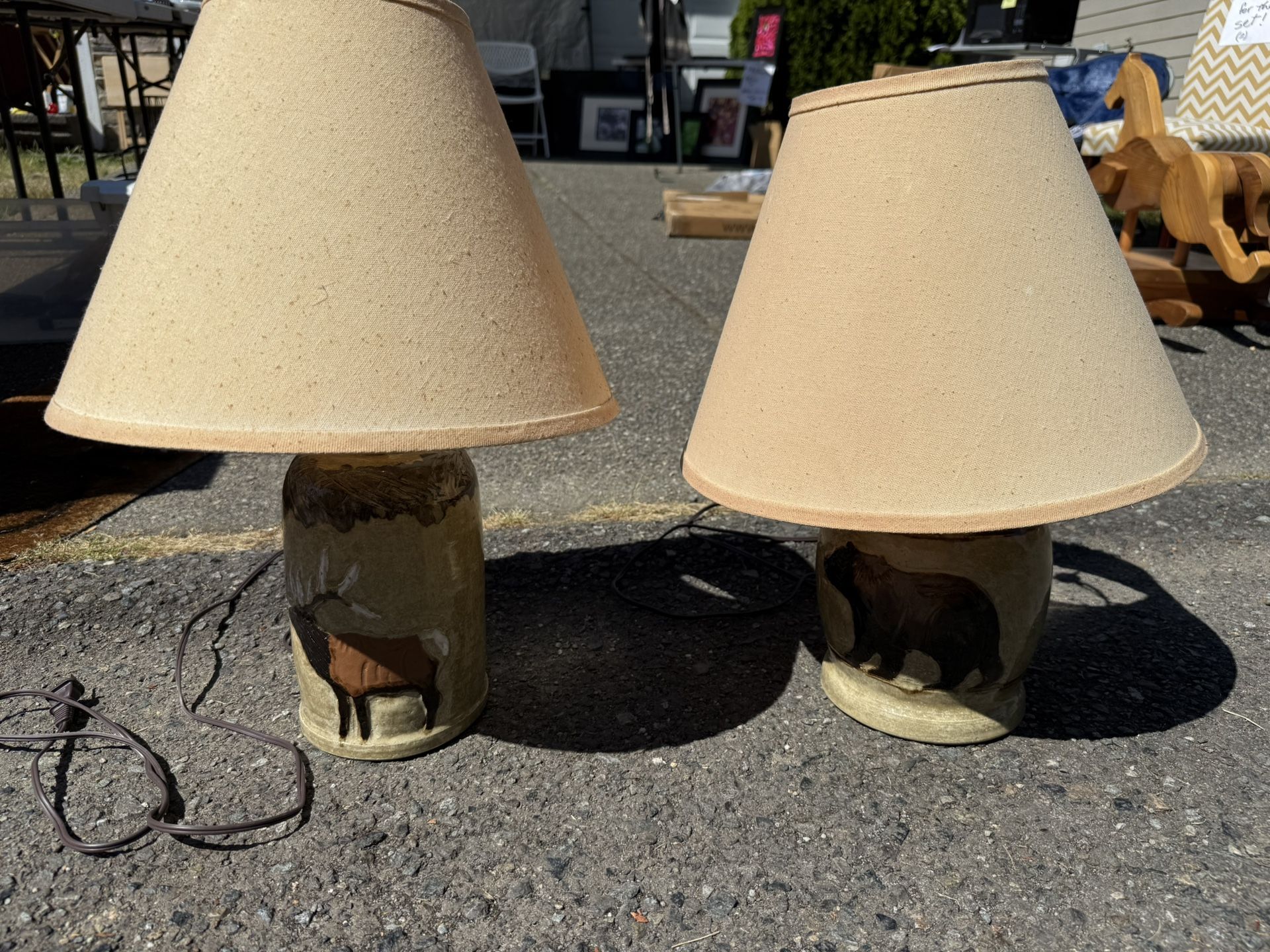 2 Beautiful Pottery Lamps With Elk & Bear