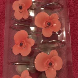 Pink Flower Set Of 12 Ceramic & Metal Shower Curtain Hooks NEW in Package!