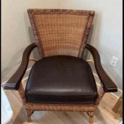 Vintage Large Sturdy Rattan & Wood Chair With Black Leather Cushion