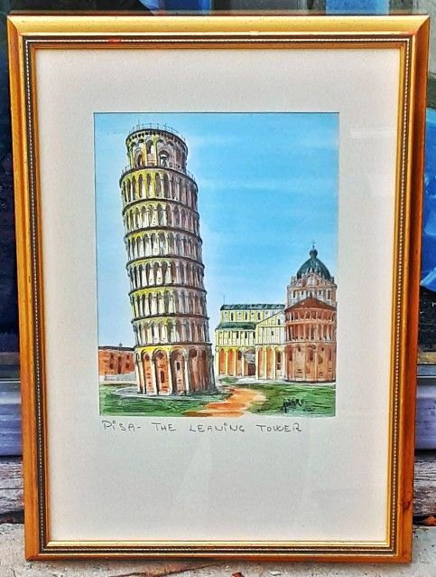 McM leaning tower of Pisa signed mid century watercolor painting MADE IN ITALY.   Frame is approx. 20" x 14.5"