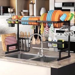 Selling Practical and Beautiful 2-Tier Adjustable Size Stainless Steel Over-the-Sink Dish Drying Rack – Heavy Duty Black