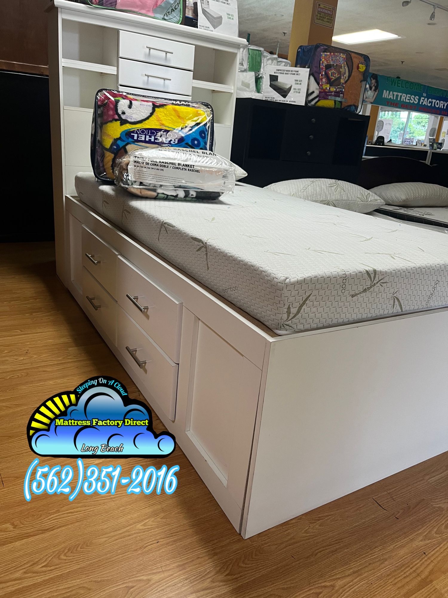 Twin Storage White Bed Frame With Drawers & Bamboo Memory Foam Mattress