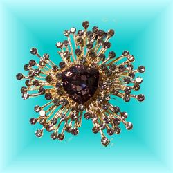 JJ Fantasia 2000s Gold Purple Rhinestone Burst Brooch, NWT, 3x2.25”