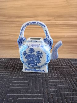 Vintage Blue and White Floral Porcelain Teapot, Chinese Decor (No Lid)