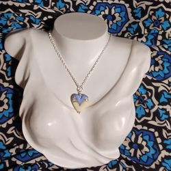 Beige And Blue Lampwork Heart, Mop, 925ss 22" Necklace 