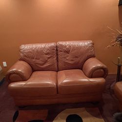 Terra-cotta genuine, leather sofa, and loveseat