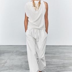 Zara Women's White and Cream Trousers(87539)