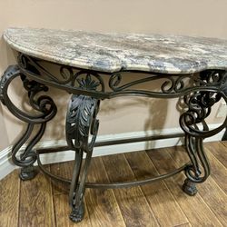 Beautiful Vintage Antique Granite Top Iron/Metal Base Half Moon Console Wall Table 