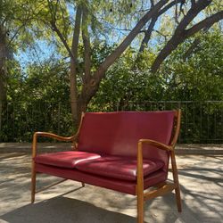 Vintage Mid Century Modern Scandi Scandinavian Modern Leather Loveseat Couch Sofa