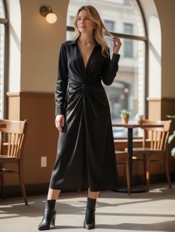 Theory Women's Black Satin Twist-Front Long Sleeve Sheath Dress Size 2 NWT