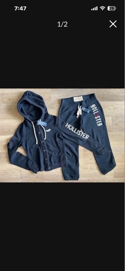 2 NEW Hollister Navy Blue Hoodie Sweatshirt button Up Jacket + Crop Pants