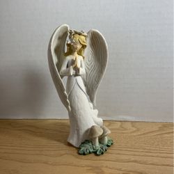 White Bisque Angel With Mushrooms, 6 1/2 Inches L7