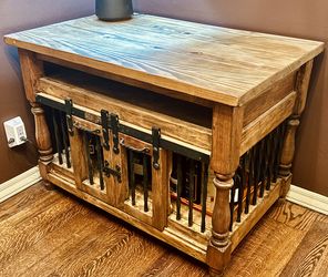 🐶 Solid Oak & Antique Iron Dog Crate/Storage Cabinet