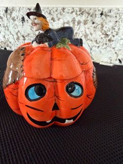 Adorable Halloween Pumpkin With A Witch Small Candy Jar