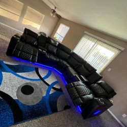 BRAND NEW BLACK LEATHER POWER RECLINING SECTIONAL LED LIGHTS SPEAKERS SAME DAY DELIVERY 