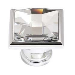 Our price: $18 EACH + Sales tax. {FOUR} Swarovski Crystal 1 1/14” length square knobs. Finish: polished chrome. Overall: 1.25” L x 1.25” W. Projection