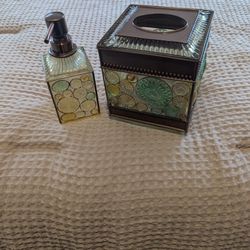 Bronze Finish, Glass Like Resin Tissue Box & Matching Soap Dispenser 