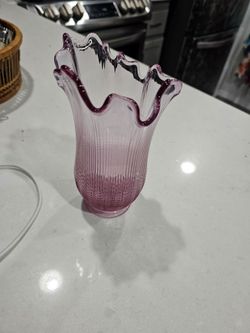 Vtg Fenton Ribbed Ruffled Pink Cranberry Glass Vase 6 inch