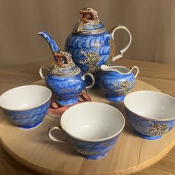 Vintage Japanese Dragonware Moriage Tea Set, Hand-Painted Blue & Gold, Mid-Century