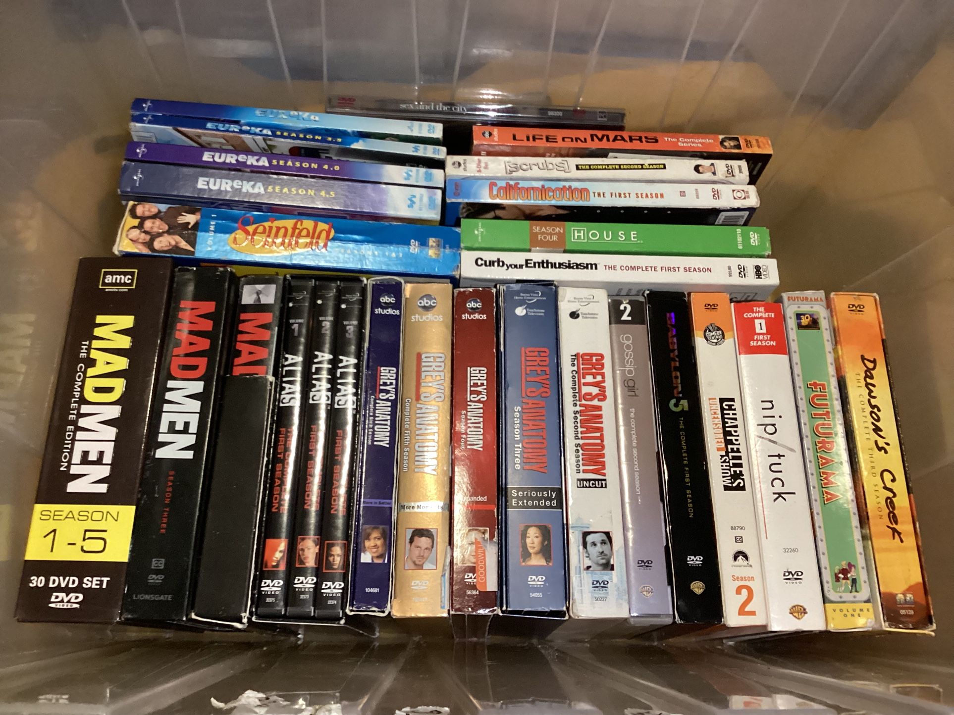26 DVD Tv show Box Sets lot  Mad men,eureka,scrubs,Babylon 5,Seinfeld and More  Alias season 1  Babylon 5 season 1 Chappelle show season 2  Californic