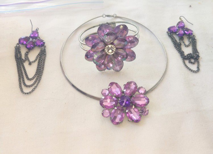 Purple Crystal Flower Necklace, Bracelet & Earrings Set