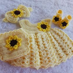 Crochet Baby Girl Yellow Sunflowers Headband Heirloom Dress Set Photo Prop 