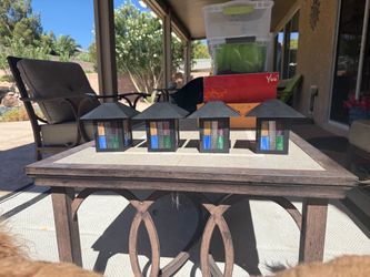 Set of 4 Stained Glass Lanterns – Black Metal with Colorful Multi-Panel Glass