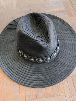 Black Wide Brim Straw Hat with Studded Leather Band Steve Madden