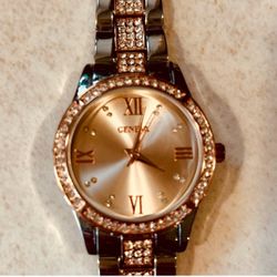 Geneva Women's Two-Tone Rose Gold Silver Crystal Bracelet Watch FMDJM112 NWOT