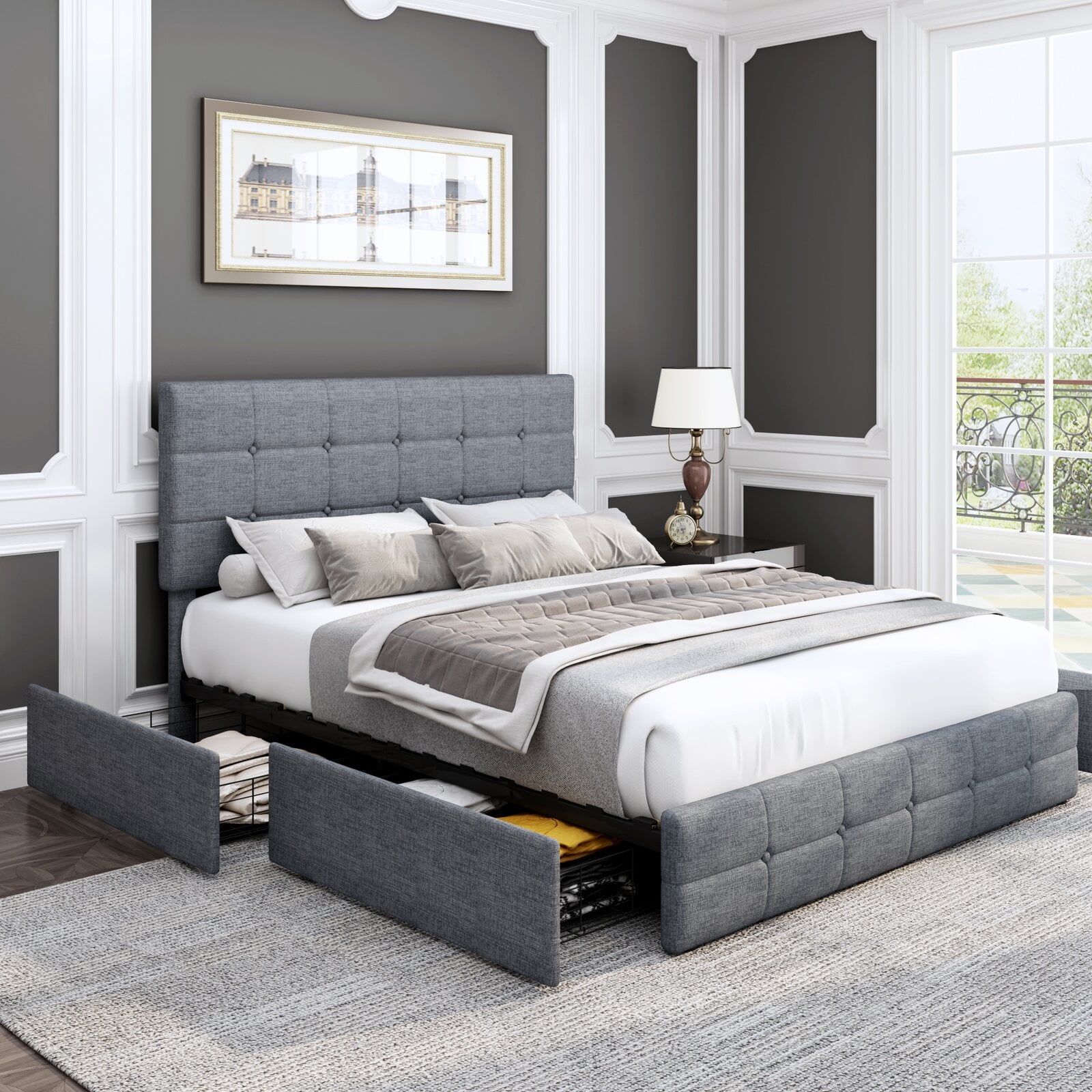 Full Size Upholstered Platform Bed with 4 Storage Drawers and Adjustable Headboard, Light Grey Features 4 large steel drawers for storage