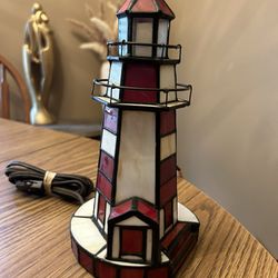 Stained Glass Lighthouse - Accent Lamp - Beach Coastal Decor - Red White 