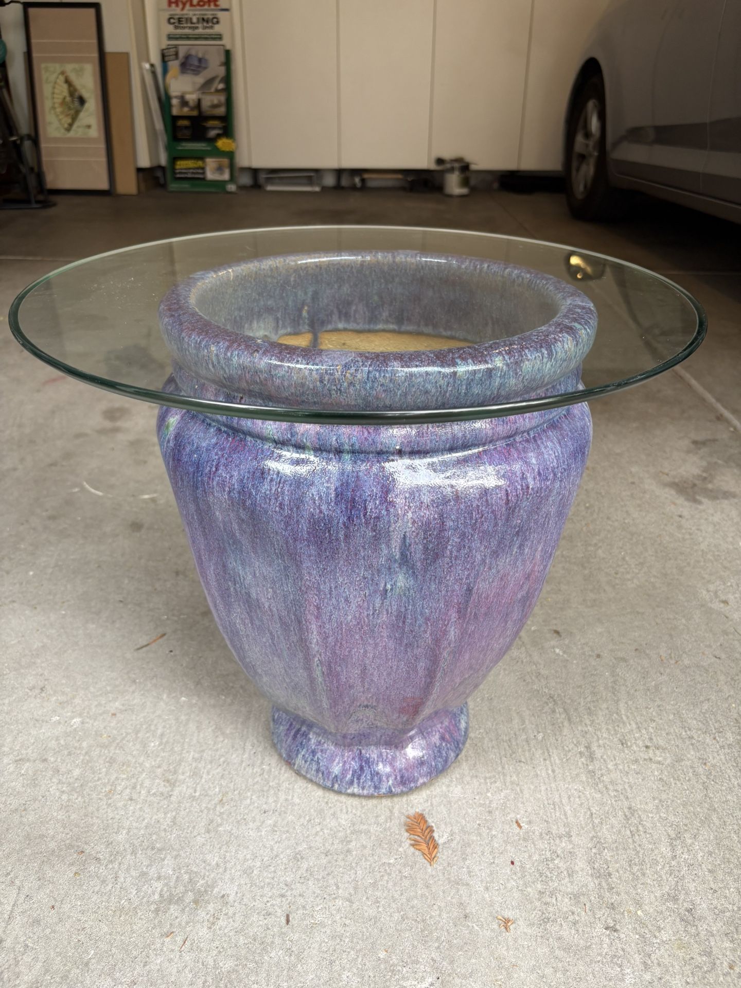 Unique ceramic planter base End Table with glass top