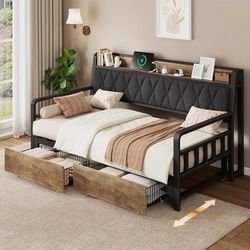Twin to King Daybed, Convertible Sofa Bed with Trundle, Black with Power Outlet, Padded Headboard, Storage Drawers, Metal Platform Frame, Day Bed with