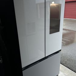 Bespoke 30 cu. ft. 3-Door French Door Smart Refrigerator with Family Hub in White Glass/Matt Grey Glass, Standard Depth