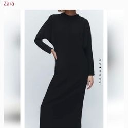 Zara Round Neck Long Sleeve Midi Black Dress Size Large