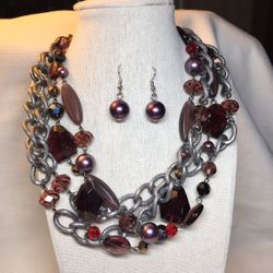 Silver Tone Multi Layered Plum  Tones Glass Beads and faux Pearls Necklace And Earrings Set