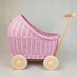Wicker doll stroller handmade pink natural rattan