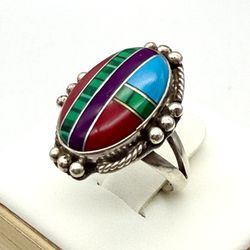 Vintage sterling silver 925 Mexico ring Mosaic Inlay multicolor size # 5