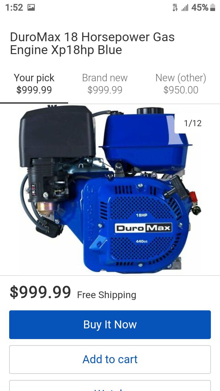 Duromax 18 horse power gas engine $500