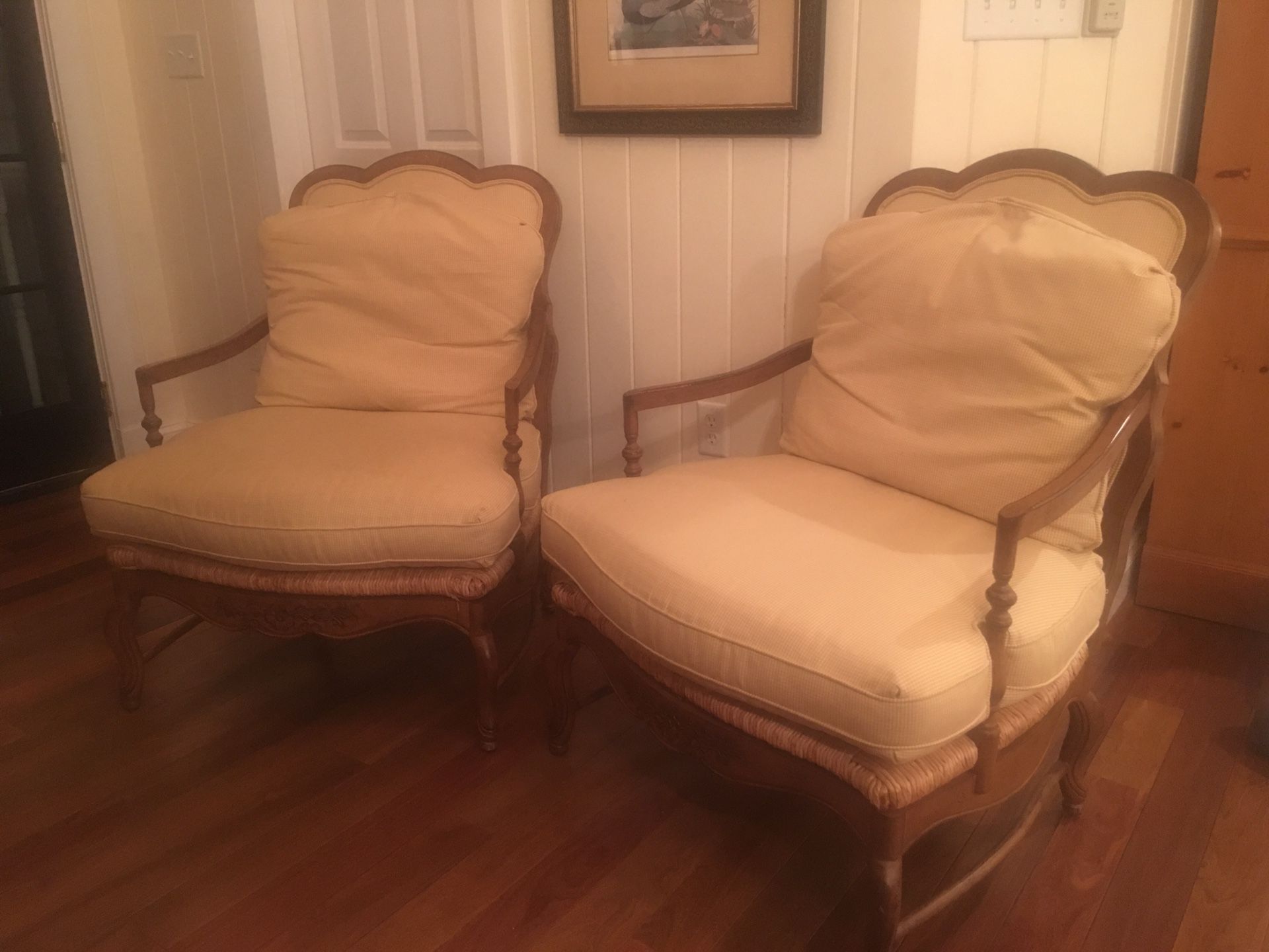 Pair French chairs cushions with rush base