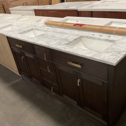 72” Brown Solid Wood Bathroom Vanity with Marble Top (V53)