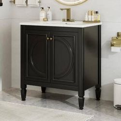 NEW Black 30 in. Single Sink Multi-Functional Vintage Freestanding Bath Vanity with White Ceramic Top Unassembled