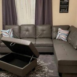 New Gray Leather Sectional Couch Sofa With Free Storage Ottoman And Pillows 