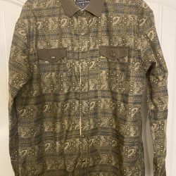 Lamasini Men’s Large Long-Sleeve Pearl Snap Western Shirt; Olive, Tan & Brown Paisley Print