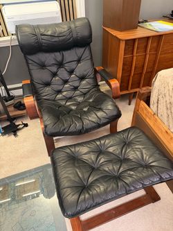 Scandinavian Lounge Chair Teak and Leather With Ottoman